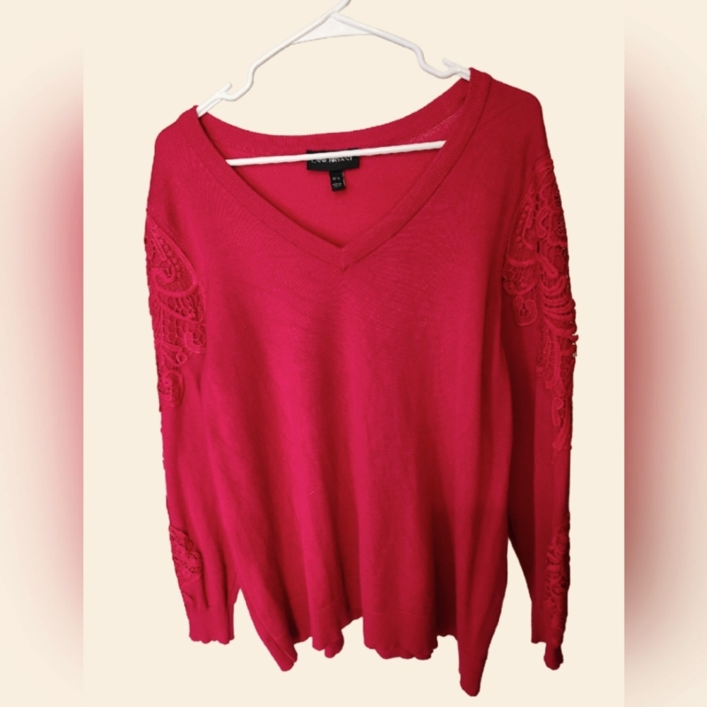 Lane Bryant Red Lace Shoulder Sweater Ribbed Trim
